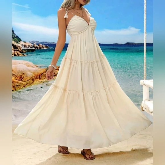New Boho Tassel Tie Ruched Cami Tiered Maxi Dress Cream Ivory Beige - Picture 3 of 9